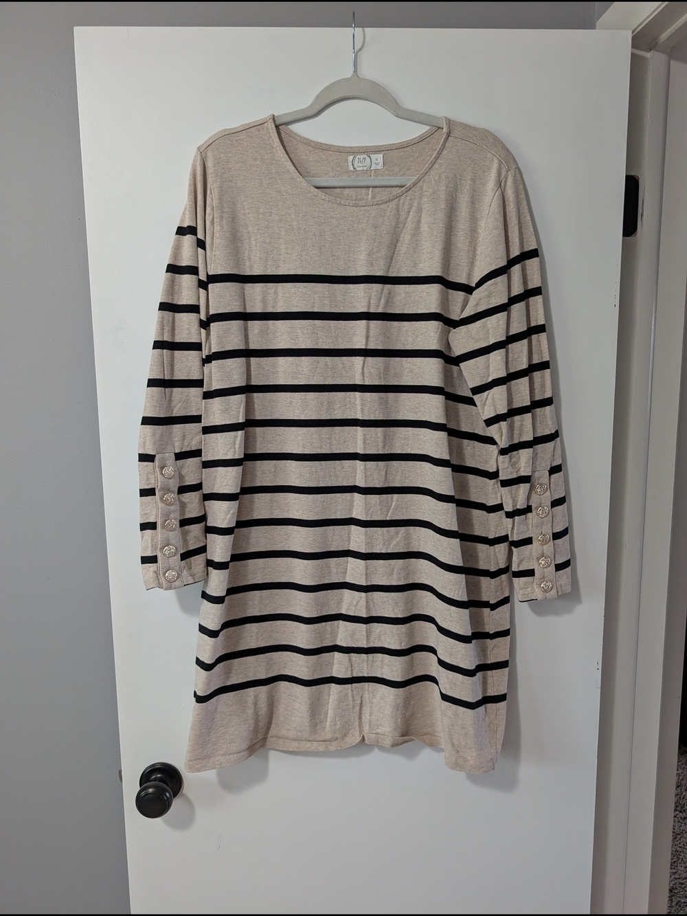 Striped Beige and Black Button-Sleeve Women's Sweater